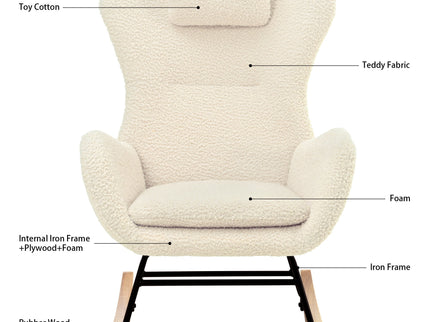 Rocking Chair Nursery, Teddy Upholstered Rocker Glider Chair With High Backrest, Adjustable Headrest & Pocket, Comfy Glider Chair For Nursery, Bedroom, Living Room, Offices, Rubber Wood