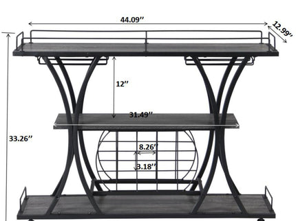 Industrial Bar Cart Kitchen Bar & Serving Cart For Home With Wheels 3 Tier Storage Shelves - Black / Gray