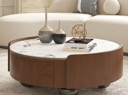 Round Coffee Table With Ball Feet, Dual Storage Drawers For Living Room - Walnut Brown