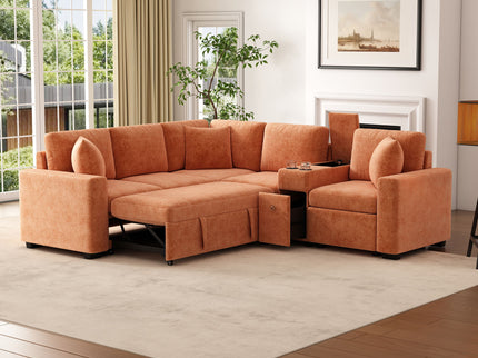 Modular L-Shaped Sectional Sofa Bed With Pull-Out Sleeper, Cup Holders, And Storage
