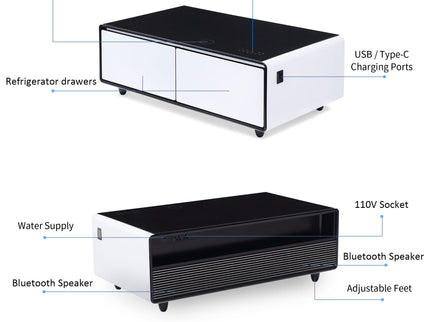 Modern Smart Coffee Table With Built-In Fridge, tooth Speaker, Wireless Charging Module, Touch Control Panel, Power Socket, USB Interface, Outlet Protection, Atmosphere Light