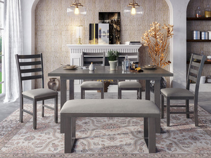 6 Pieces Family Furniture, Solid Wood Dining Room Set With Rectangular Table & 4 Chairs With Bench - Gray