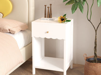 Nightstand With Drawer And Open Shelf, Scalloped Edge Bedside Table