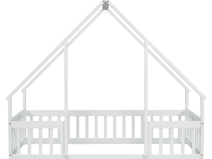 Wood House-Shaped Floor Bed With Fence, Guardrails