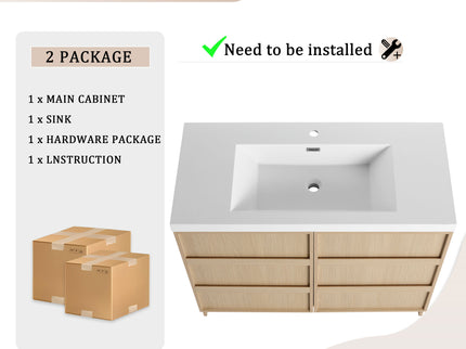 42" Freestanding Bathroom Vanity & Sink & 2 Soft Close Cabinet Doors - Oak / White