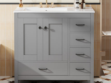 Bathroom Vanity With Ceramic Sink Combo, Abundant Storage Cabinet 2 Soft Close Doors And 5 Drawers