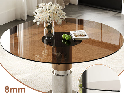 Round Dining Table / Tempered Glass Top - Brown