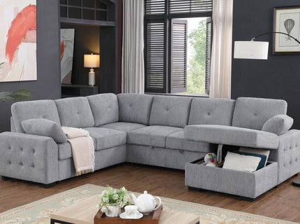 Nyhan - Upholstered Corner Sectional With Pull Out Loveseat And Storaged Chaise - Light Gray