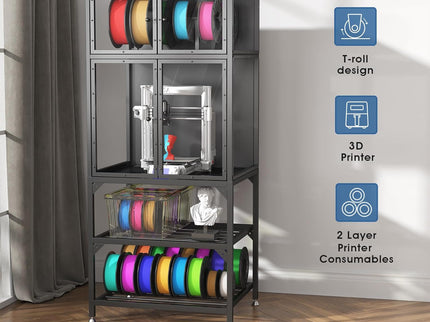 3D Printer Cabinet With Double Layer Filament Storage, Noise Reducing Design - Black