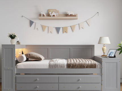 Daybed With Storage Shelves, Drawers, Trundle, Charging Station, LED Light, Desk And Cabinet
