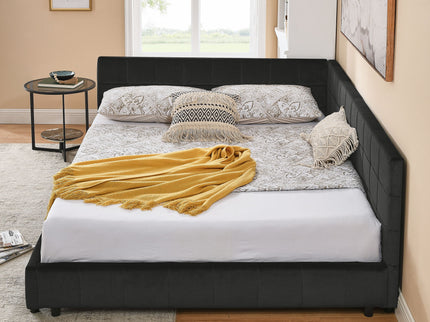 Mid-Century Storage Upholstered Tufted Bed Frame With Backrest And Armrests