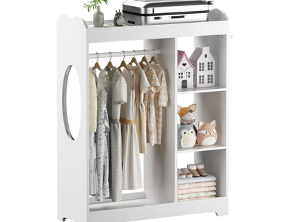 Dress Up Storage With Mirror And Hooks, Clothes Rack With Hanging Rod, 3 Side Hooks, Open Shelves, Top Shelf Organizer - White