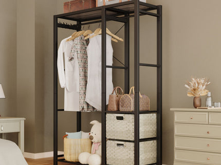 Garment Rack With Shelves, 2 Wicker Drawers, 4 Hooks, Organizer