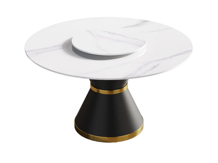 53" Modern Artificial Stone Round Carbon Steel Base Dining Table, Can Accommodate 6 People, Artificial Stone Turntable - White / Black