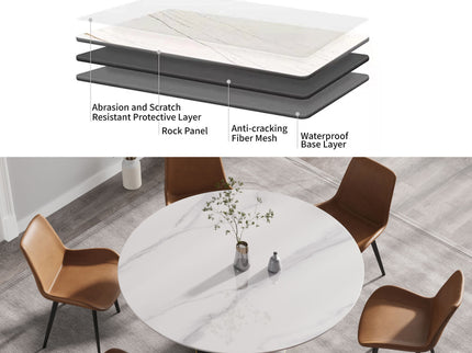 Modern Artificial Stone Round Carbon Steel Base Dining Table, Can Accommodate 6 People