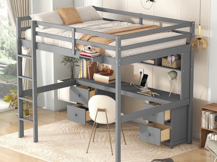 Loft Bed With Desk, Cabinets, Drawers, Charging Station And Bedside Tray
