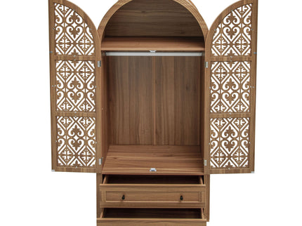 Tall Kitchen Pantry Cabinet With Hollow Carved Doors 2 Drawers And Adjustable Shelves Storage Display Cabinet For Kitchen Dining Room Or Living Room - Walnut