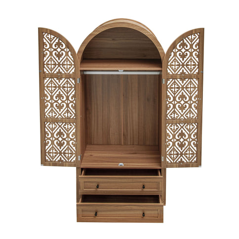 Tall Kitchen Pantry Cabinet With Hollow Carved Doors 2 Drawers And Adjustable Shelves Storage Display Cabinet For Kitchen Dining Room Or Living Room - Walnut