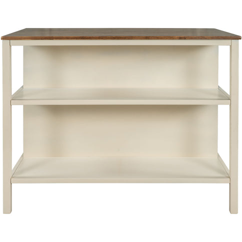 Rustic 3 Piece Stationary Kitchen Island Set With 2 Seatings, With 2 Open Shelves