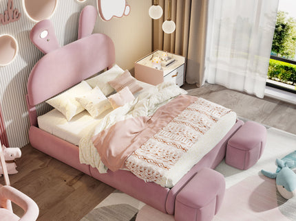 Full Upholstered Platform Bed With Cartoon Ears Headboard And LED Light - Pink