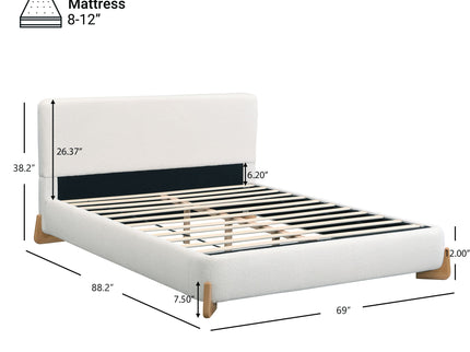 Queen Size Upholstered Bed With Slat Support - White