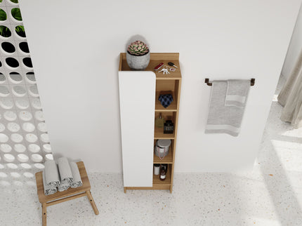 Tall Freestanding Bathroom Side Cabinet With Single Door & 4 Tier Open Shelves - Black / Light Oak / White