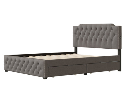 Upholstered Platform Bed With 2 Drawers And 2 Sets Of USB Ports On Each Side, Fabric