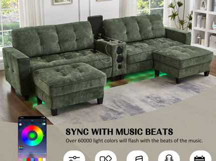 Modern Sectional Sofa U-Shaped With Movable Ottomans, tooth Speakers, LED Lights And Modular Storage
