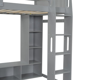 Gaming Loft Bed With Desk, Multi Storage Shelves, LED Lighting, And Hanging Clothes Rack