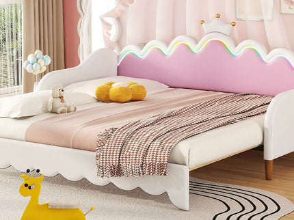 Extending Daybed With LED Lights, Modern Upholstered Princess Daybed With Crown Headboard