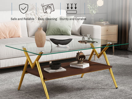 Rectangle Coffee Table With Tempered Glass Top And Shelf