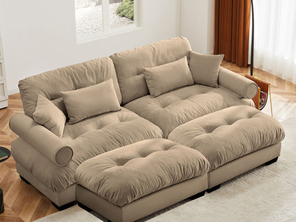 Modern Sectional Sofa With Ottoman, Round Bolster Armrests, Waist And Throw Pillows
