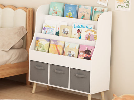 Bookshelf With 3 Bins, Storage Shelf For Toys And Books