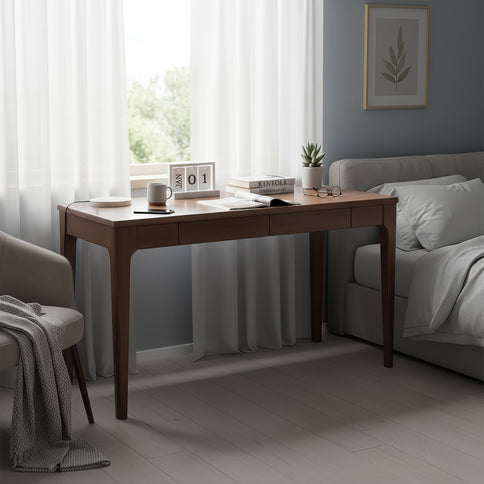 Desk With Drawers, Smooth Edge Design - Walnut