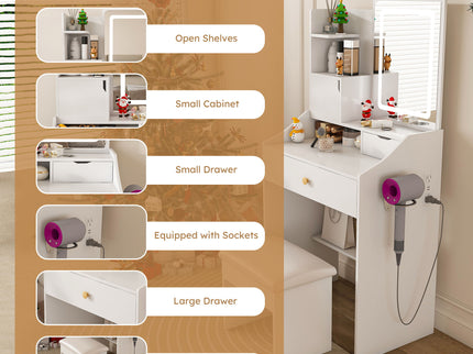 3 Color LED Vanity Mirror With Stool, 2 Drawers & 5 Storage Cabinets, Adjustable Lighting - White