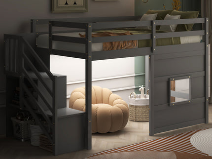 Loft Bed With Storage Staircase, Window & LED Light