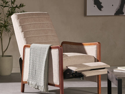 Mid Century Modern Fabric Channel Stitch Wood Pushback Recliner