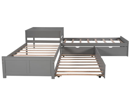 L Shaped Platform Bed With Trundle And Drawers Linked With Built In Desk