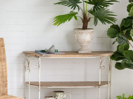 3 Tiered Wooden Shelving Unit With Ornate Iron Frame - Multicolor