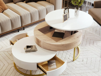 Modern Round Lift-Top Nesting Coffee Tables With 2 Drawers