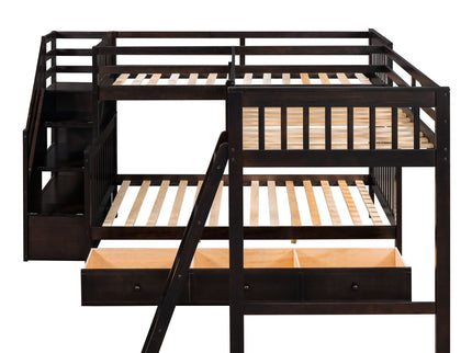 Solid L Shaped Bunk Bed With 3 Drawers, Ladder And Staircase