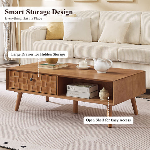 Coffee Table With Hidden Drawer And Open Shelf