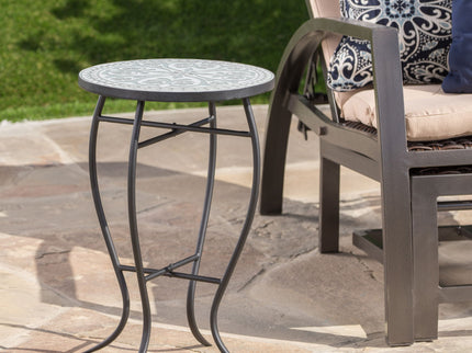 Outdoor Round Side Table With Mosaic Style Top And Curved Iron Legs
