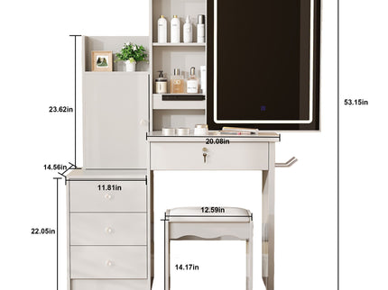 Vanity Desk Set With Sliding Lighted Mirror, 4 Drawer Makeup Dressing Table With 9 Storage Spaces, Hidden Compartments & Cushioned Stool, Beauty Furniture For Bedroom - White