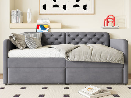 Twin Size Upholstered Daybed With 2 Storage Drawers And USB Charging Design - Gray