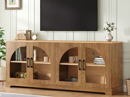 TV Stand With Semi Arched Glass Doors, Media Console With Adjustable Shelves For Living Room - Brown