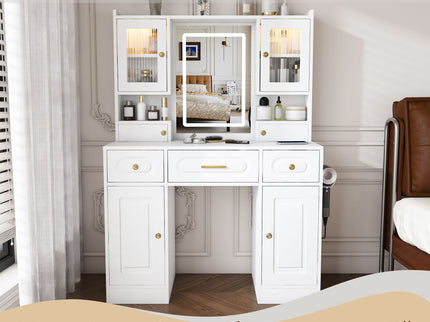 Large Vanity Table Set With Mirror, 6 Drawers & Shelves, Power Socket, Hair Dryer Holder, Cabinet Light, Dressing Desk - White