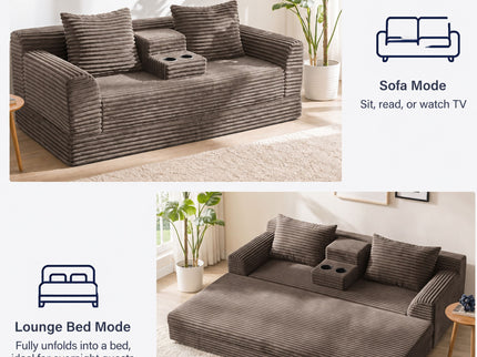 Soft Striped Convertible Sofa Bed, Dual Use Lounge Couch With Cup Holders And Pillows