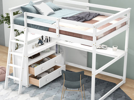 Modern Loft Bed With Built In Desk, Shelves, And 2 Drawers