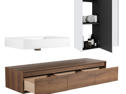 Wall Mounted Bathroom Vanity With Resin Sink And 2 Side Cabinet, 3 Soft Close Drawer - Brown Ebony